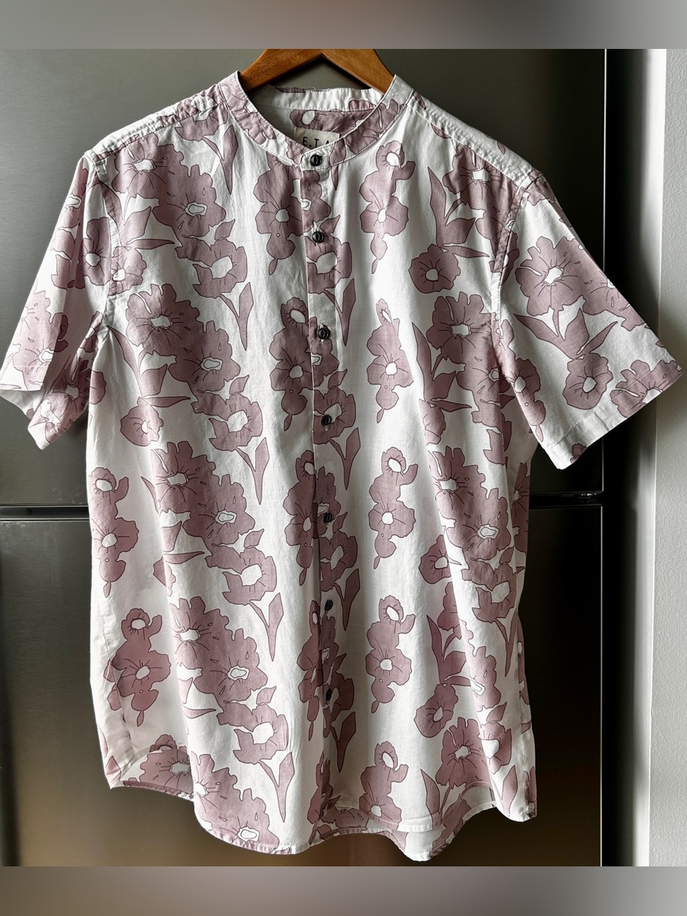 E.T.A. Large 100% Cotton Floral Shirt Mauve Band Collar Button Up